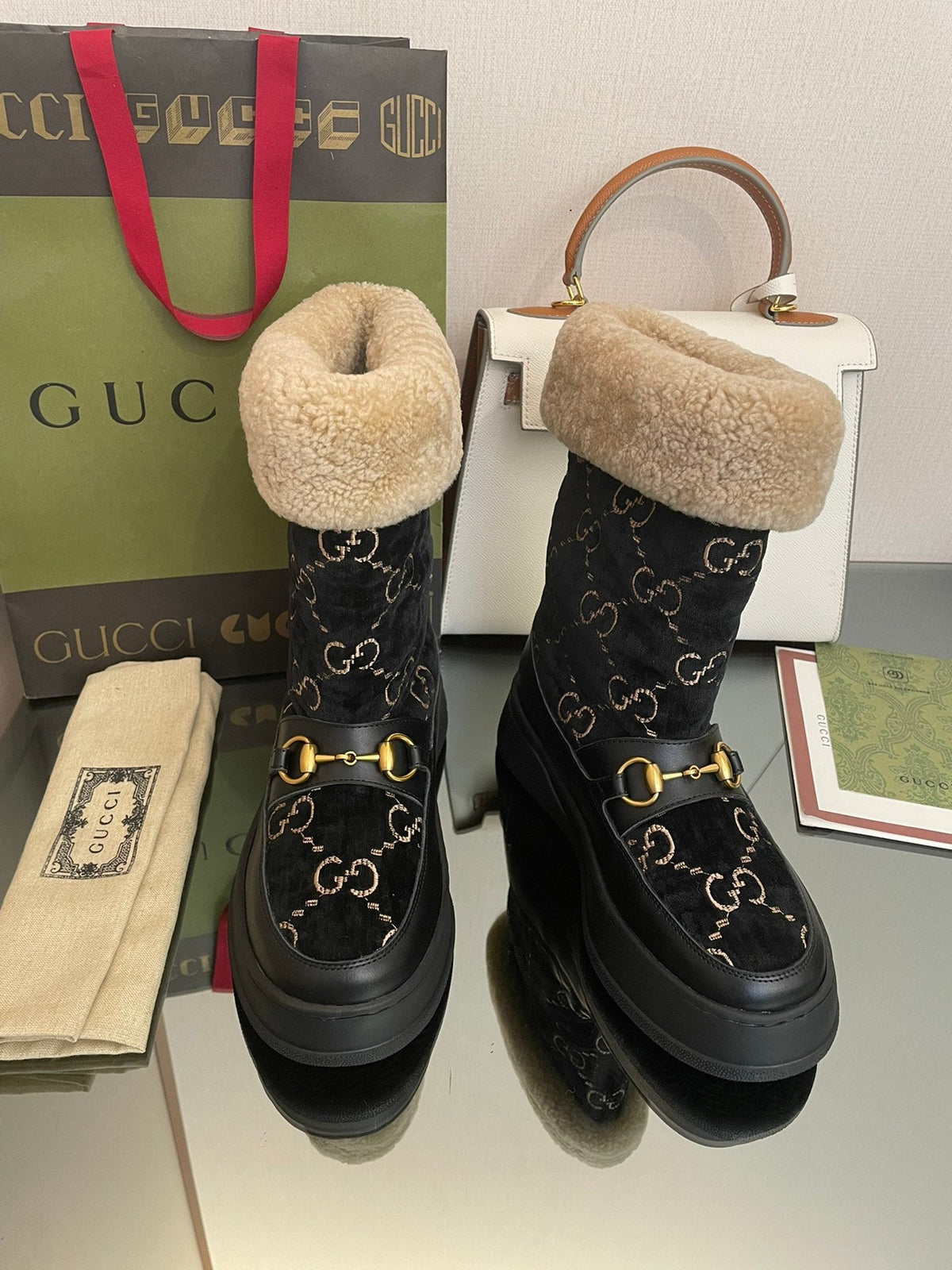 HORSEBIT SNOW ANKLE BOOTS IN BLACK MONOGRAM VELVET MIX CALFSKIN AND LAMB WOOL LINING