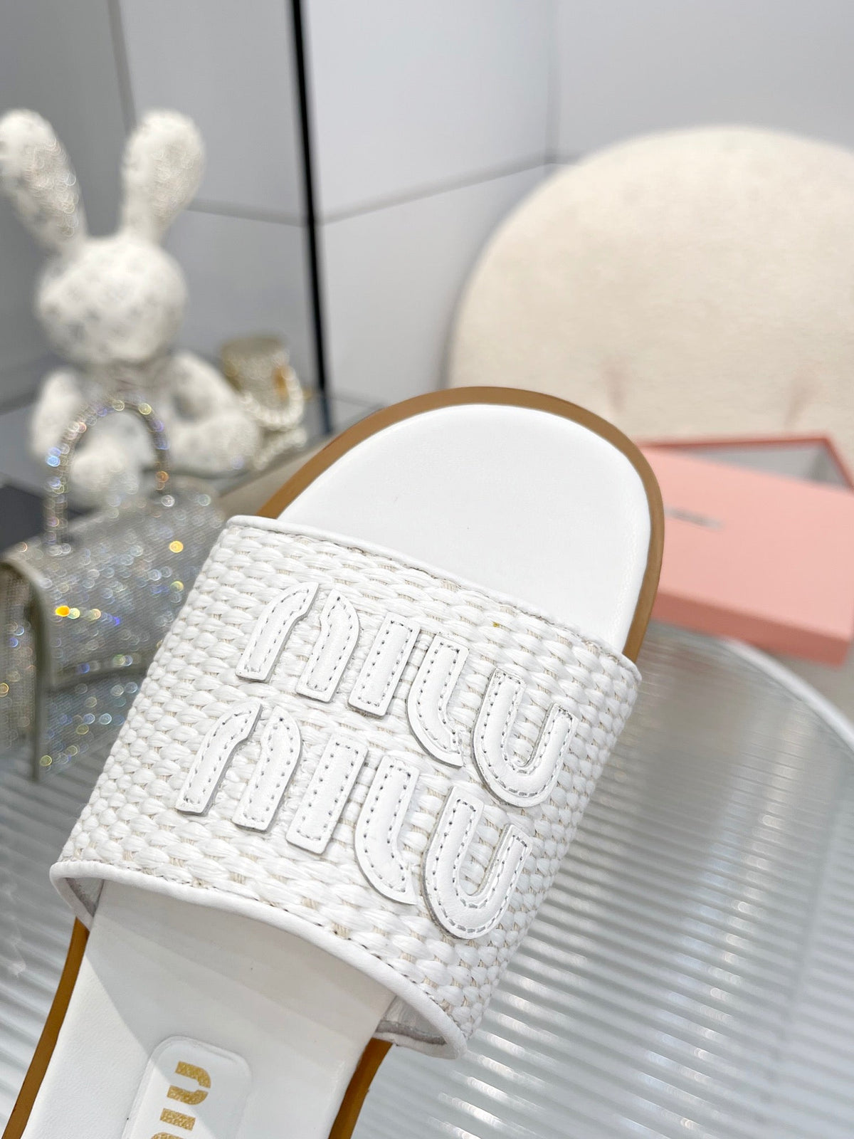 Slippers White Leather With Sedge Straps