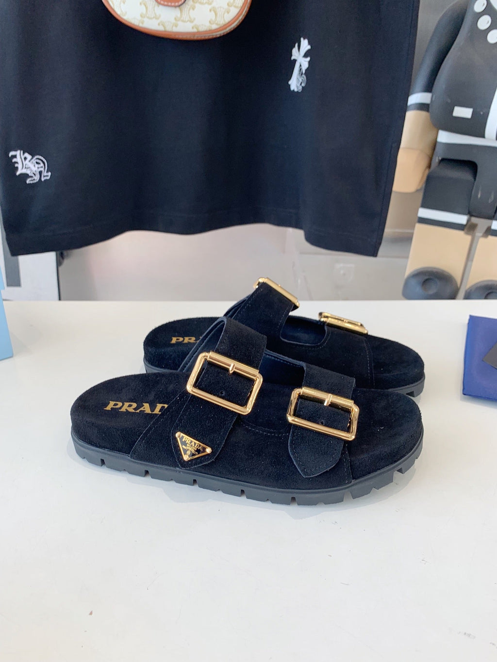 PRA STRAP SLIDES SANDALS BLACK SUEDE