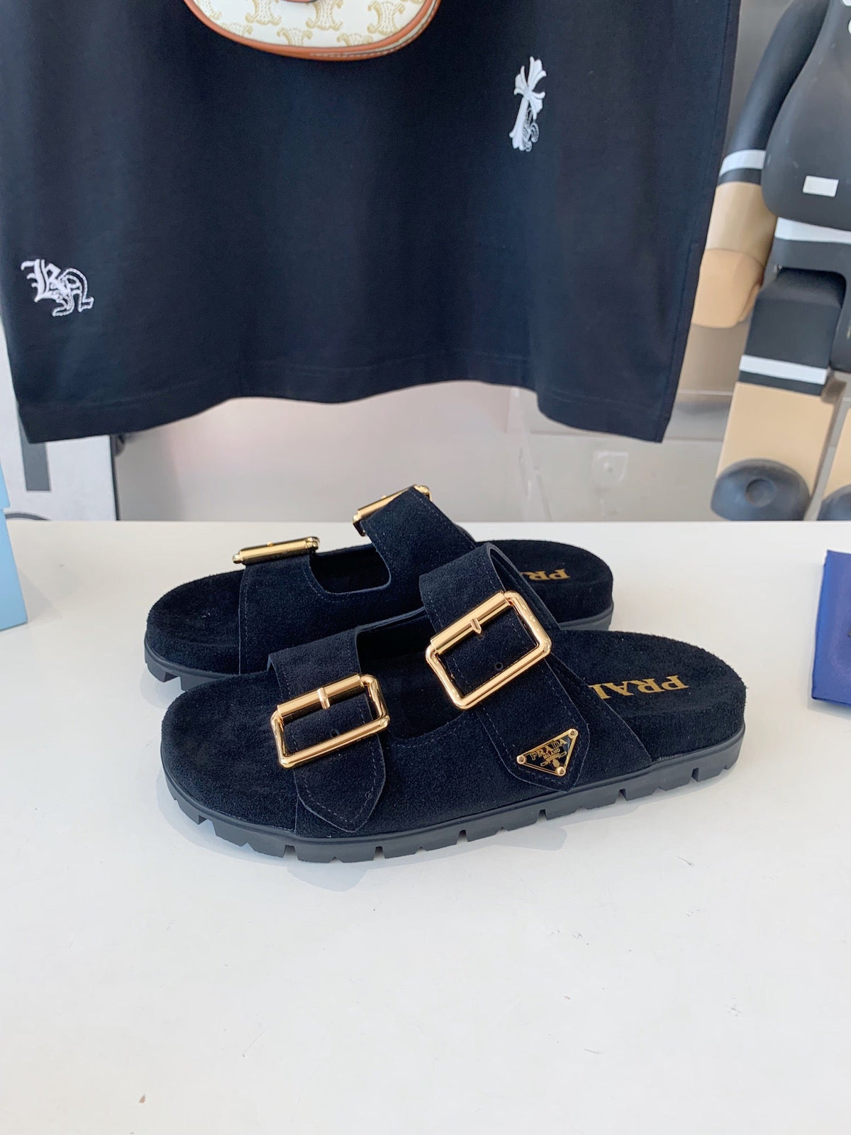 PRA STRAP SLIDES SANDALS BLACK SUEDE