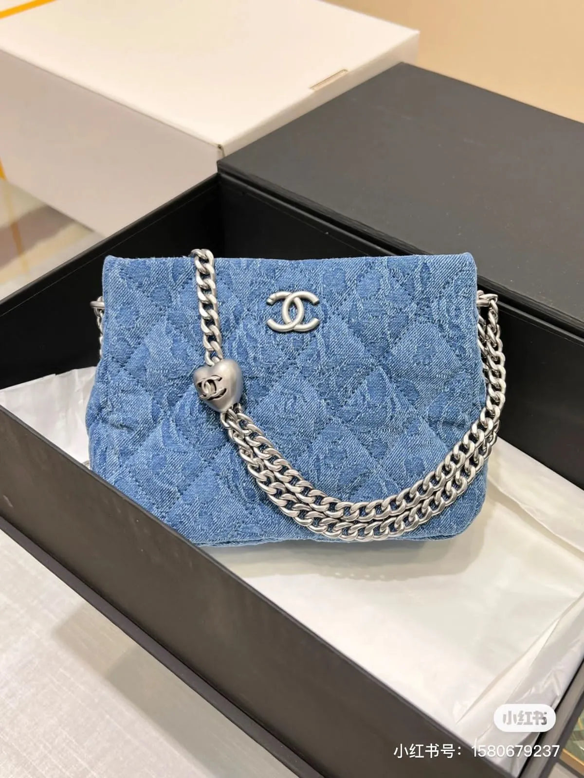 Chanel Heart Flower Patterns Casual Style Denim Blue Bag