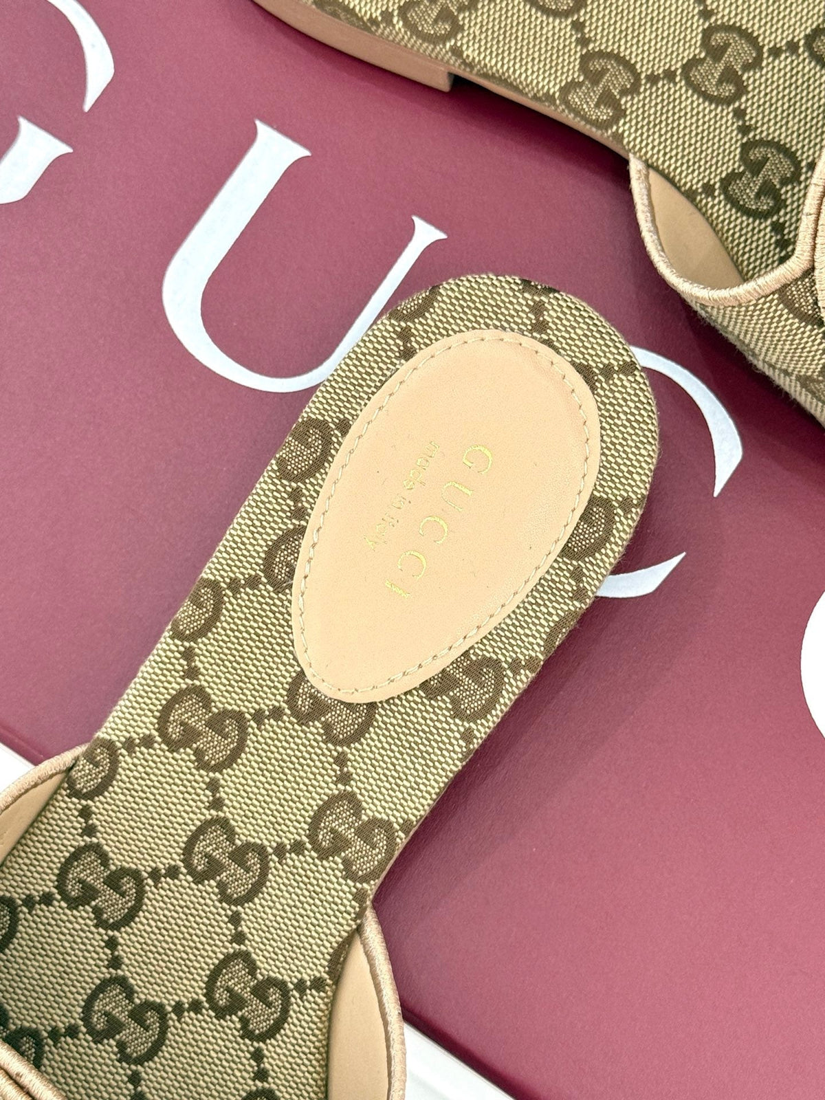 SLIDE SANDALS IN DARK BEIGE FABRIC EMBOSSED LOGO STYLE 3
