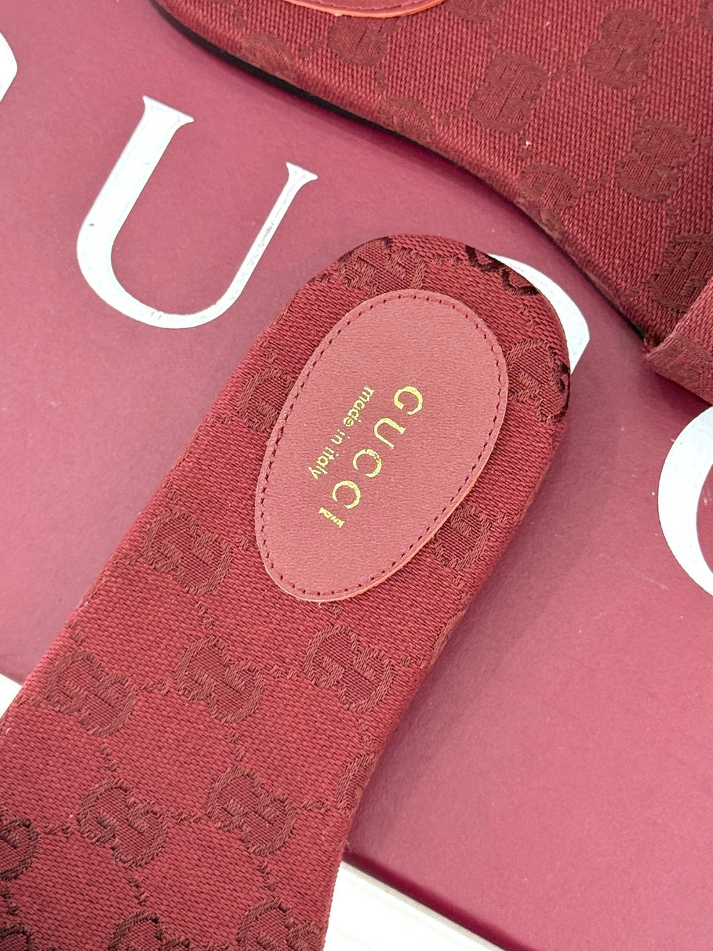 SLIDE SANDALS IN RED FABRIC EMBOSSED LOGO
