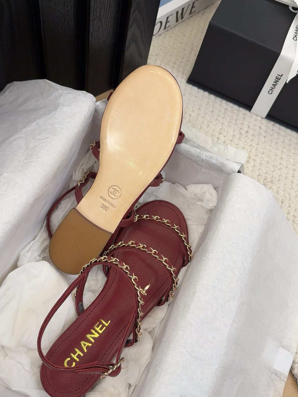 THREE-STRAPS SANDALS IN JAM RED CALFSKIN WITH GOLD HARDWARE