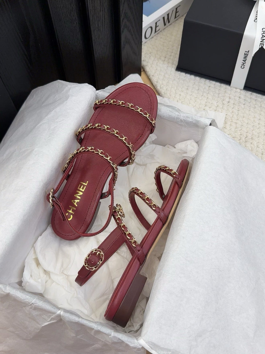THREE-STRAPS SANDALS IN JAM RED CALFSKIN WITH GOLD HARDWARE